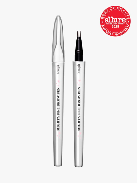 Benefit Cosmetics Mighty Fine Brow Pen in silver applicator with brush tip on light gray background with red Allure Best of Beauty seal in the top right corner